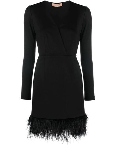 Twin Set Knee Lenght Long Sleeved Dress Feathers Detail At The Bottom - Black