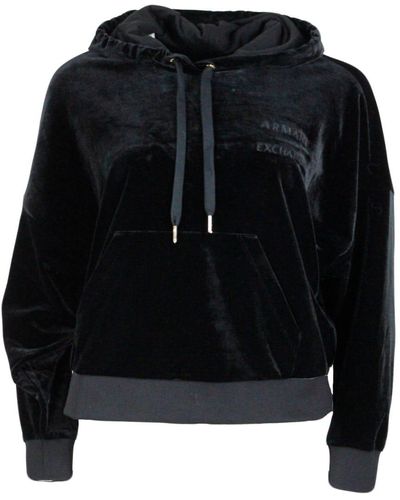 Armani Crew Neck Sweatshirt With Drawstring Hood In Soft Chenille - Black