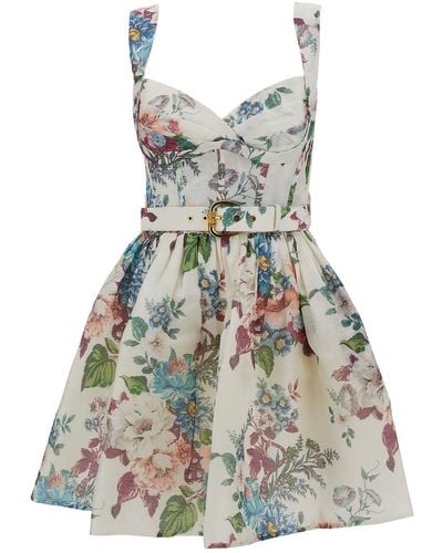 Zimmermann Mini Multicolor Dress With Belt And Floreal Print In Linen And Silk Woman