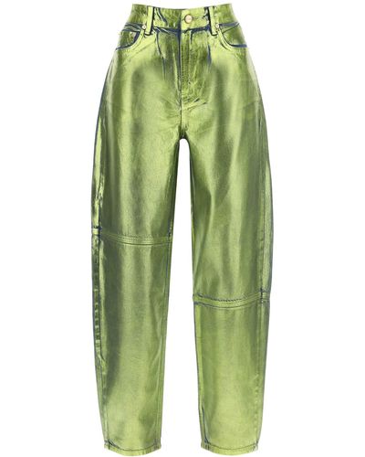 Ganni Curved Leg Jeans In Foil Denim - Green