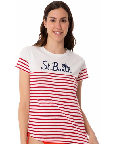 Mc2 Saint Barth Red Striped Cotton T-shirt With St. Barth Embroidery