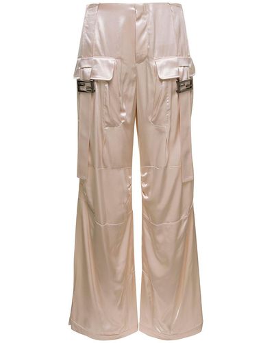 Fendi Ivory White Satin Cargo Pants With Ff Baguette Buckles In Viscose - Natural