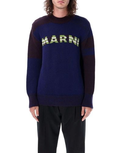 Marni Mouliné Sweater With Striped Logo - Blue