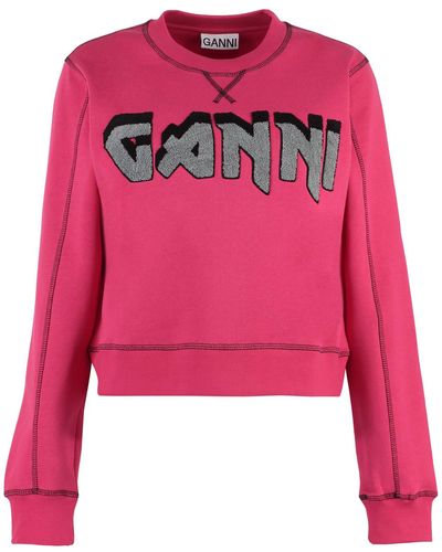 Ganni Logo Embroidered Cotton Sweatshirt - Pink