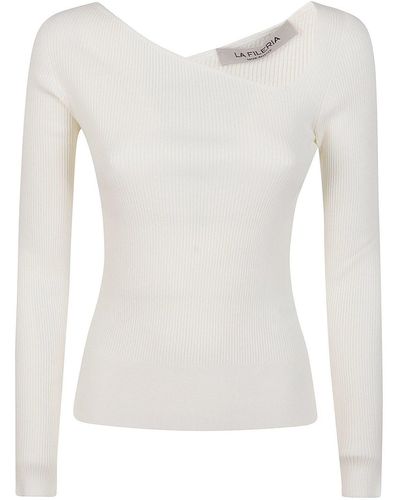 Gran Sasso Fileria Long-Sleeved Ribbed V-Neck Sweater - White