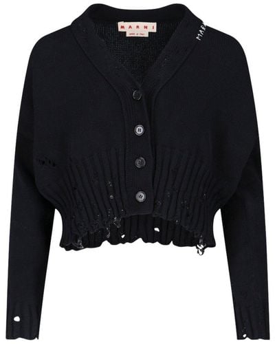 Marni Distressed Cropped Knitted Cardigan - Blue