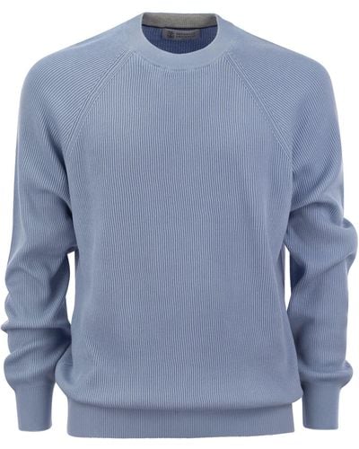 Brunello Cucinelli Cotton Rib Sweater With Raglan Sleeve - Blue