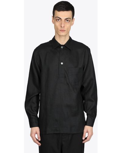 Aglini Black Linen Polo-shirt With Long Sleeves