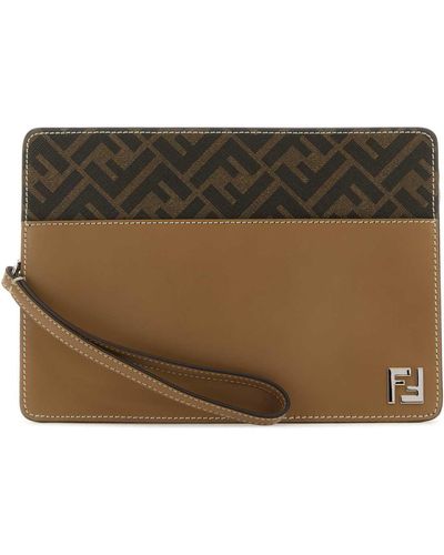 Fendi Embroidered Canvas And Leather Standing Clutch - Brown