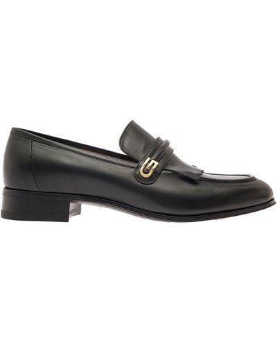 Gucci Black Loafers With Fringes And Double G In Smooth Leather - Gray