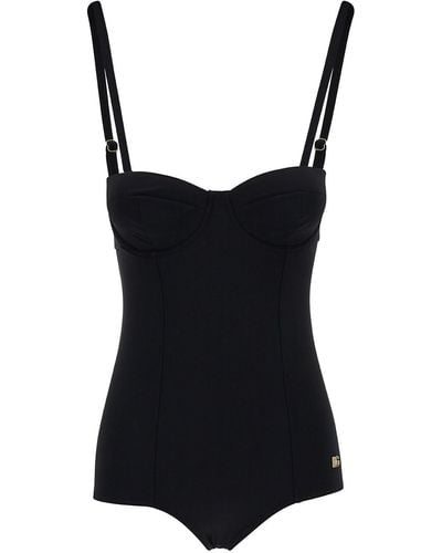 Dolce & Gabbana One-piece Swimsuit With Dg Logo Detail In Stretch Polyamide - Black