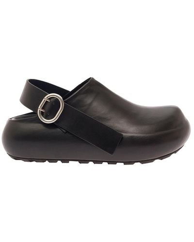 Jil Sander Clogs With Ankle Strap In Leather - Black