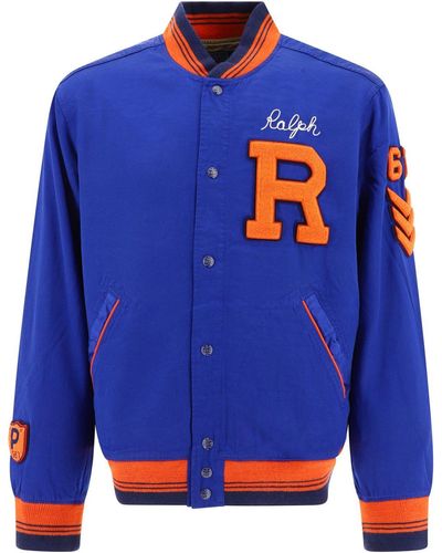 Ralph Lauren Logo Embroidered Satin Baseball Bomber Jacket - Blue