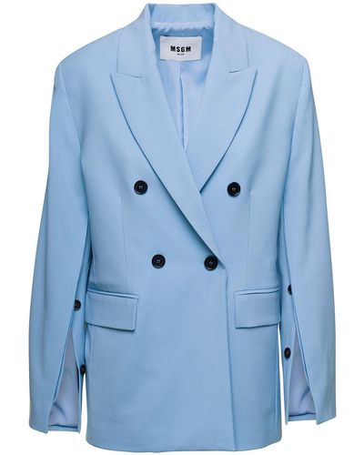 MSGM Light Double-Breasted Jacket With Buttoned Sleeves - Blue