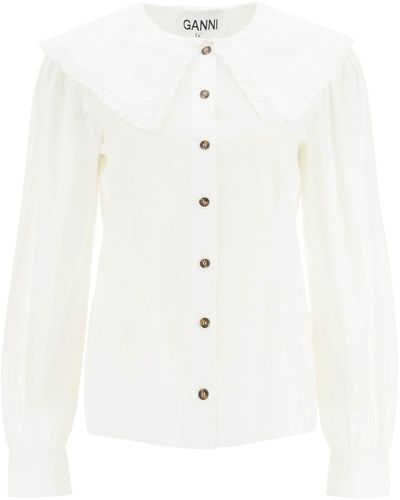 Ganni Cotton Shirt With Oversized Collar - White