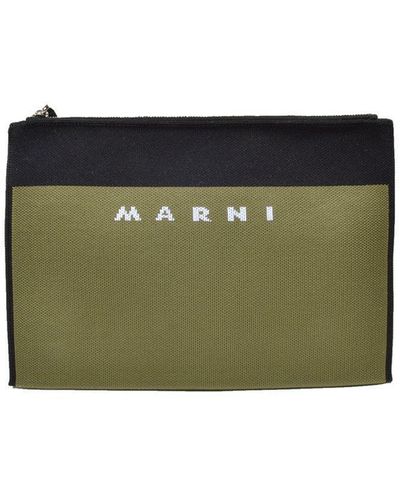 Marni Logo Embroidered Zipped Clutch Bag - Green