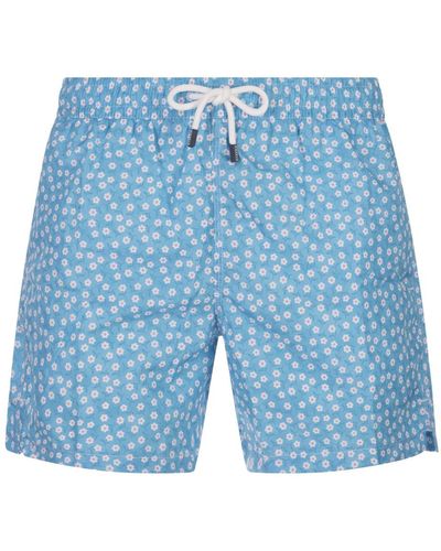 Fedeli Sky Swim Shorts With Micro Daisy Pattern - Blue