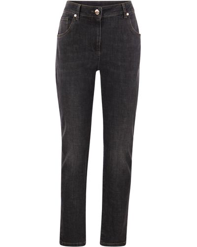 Brunello Cucinelli Slim Trousers In Stretch Denim With Shiny Leather Tab - Black