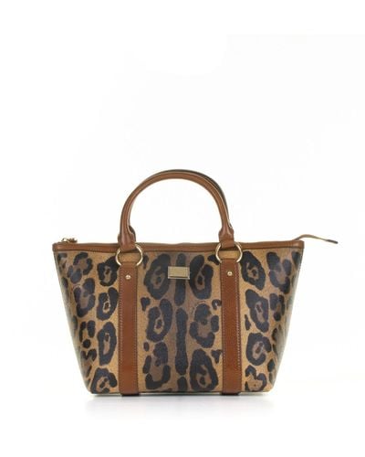 Dolce & Gabbana Small Leopard-printed Branded Plate Shopper Bag - Multicolor
