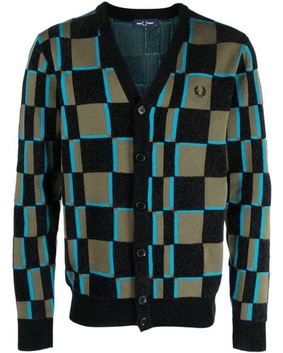 Fred Perry Checkerboard-knit Logo-embroidered Cardigan - Green