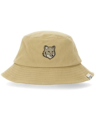 Maison Kitsuné Bucket Hat With Fox Patch - Natural