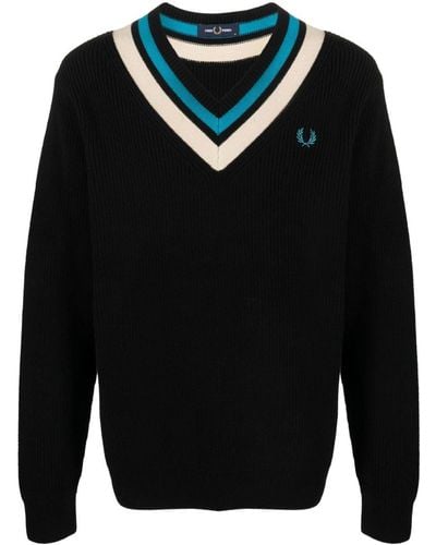 Fred Perry Fp Striped Trim V Neck Sweater Clothing - Blue
