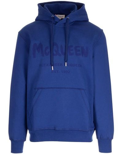 Alexander McQueen Blue Hoodie With Graffiti Logo