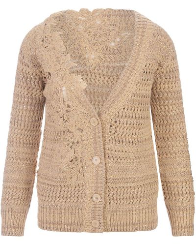 Ermanno Scervino Cardigan With Lace And Crystals - Natural