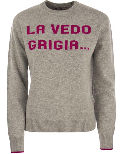 Mc2 Saint Barth Wool And Cashmere Blend Sweater With La Vedo Grigia Embroidery - Gray
