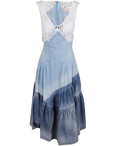 Ermanno Scervino Printed Laced Sleeveless Dress - Blue