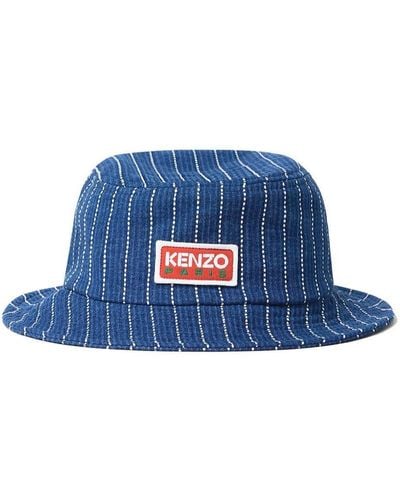 KENZO Logo Patch Stripe Detailed Bucket Hat - Blue