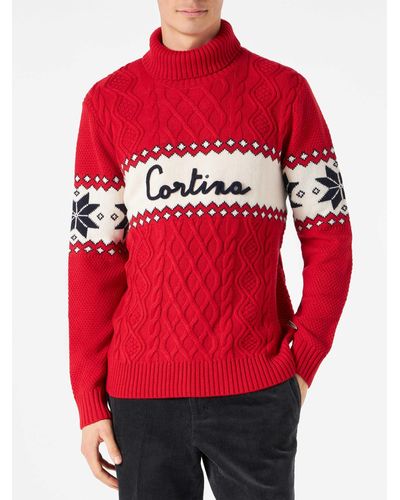 Mc2 Saint Barth Half-Turtleneck Sweater With Cortina Lettering - Red