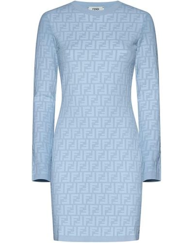 Fendi Ff Jacquard Long Sleeved Crewneck Dress - Blue