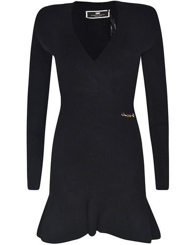 Elisabetta Franchi V-neck Ribbed-knit Mini Dress - Black