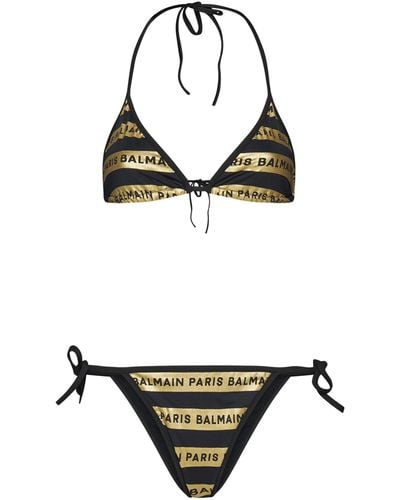Balmain Logo-tape Striped Bikini - Metallic