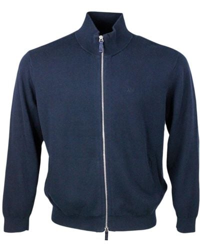 Armani Lightweight Full Zip Long-Sleeved Shirt Made Of 100% Cotton With Side Pockets - Blue