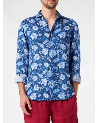 Mc2 Saint Barth Linen Pamplona Shirt With Flower Print - Blue