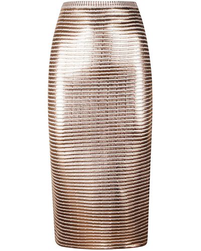 Genny Elastic Waist Stripe Patterned Shiny Skirt - Natural