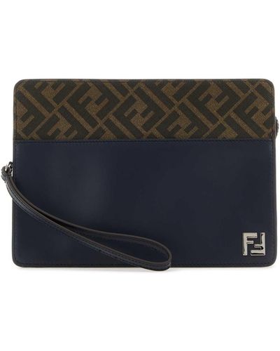 Fendi Embroidered Canvas And Leather Standing Clutch - Grey