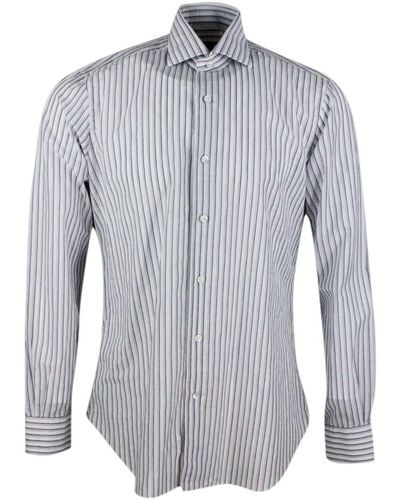 Barba Napoli Long-sleeved Cult Shirt With French Collar With Gray And Blue Stripes On A Base In Cotton And Linen