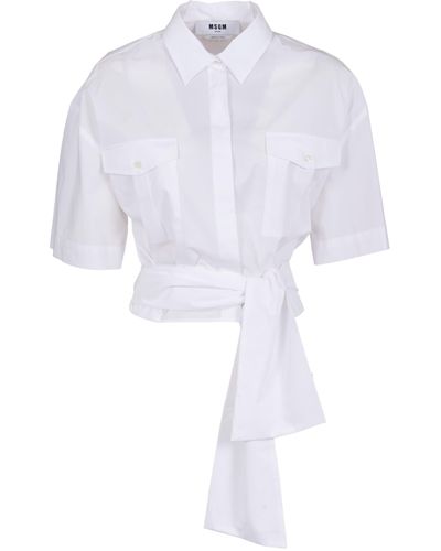 MSGM Tie-Waist Cropped Plain Shirt - White