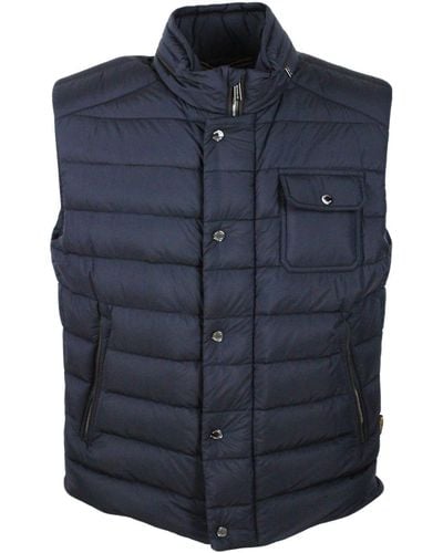 Moorer Sleeveless Vest Padded With Real Goose Down With Concealed Hood And Front Zip And Button Closure - Blue