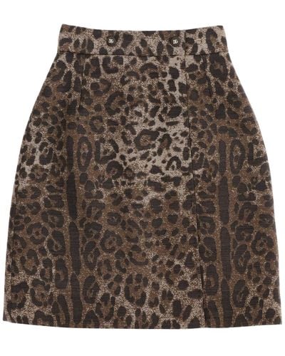 Dolce & Gabbana Wool Jacquard Skirt With Leopard Motif - Brown