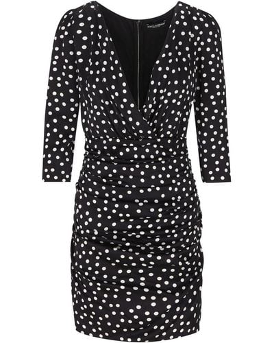 Dolce & Gabbana Polka Dot-printed Plunging V-neck Mini Dress - Black