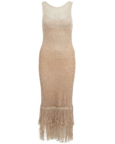 STAUD Sequin Embellished Sleeveless Fringed Maxi Dress - Natural