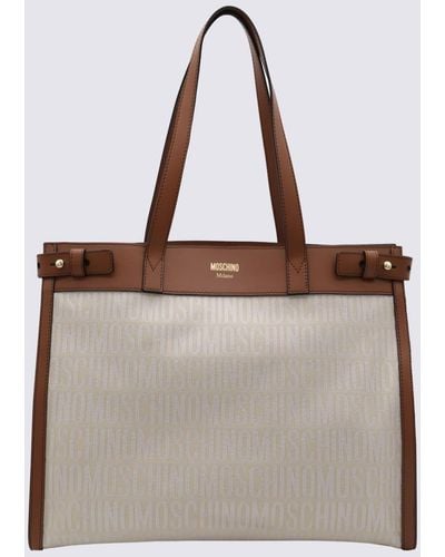 Moschino Ivory Canvas And Leather Tote Bag - Brown