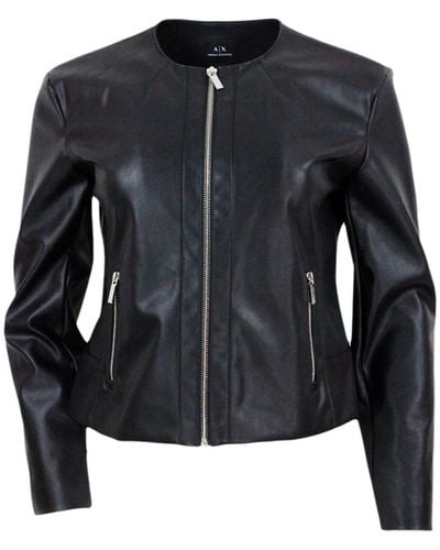 Armani Slim-Fit Eco-Leather Jacket With Zip Closure And Side Pockets - Black