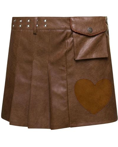 ANDERSSON BELL Arina Pleated Mini Skirt With Heart And Patch Pocket Detail - Brown