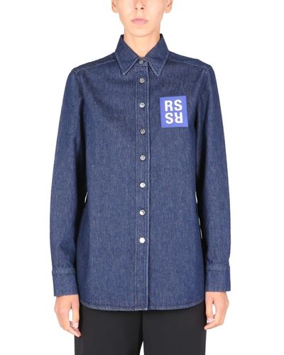Raf Simons Shirt Jacket With Logo Patch - Blue