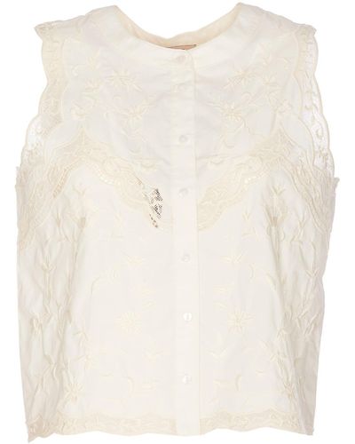 Twin Set Sleeveless Top With Flowers Embroidery - White